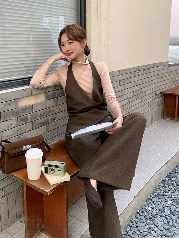 

Women's One-Piece Hanging Neck Vest Wide Leg Pants Set Three Pieces Suite Early Spring Autumn High Waist Casual Fashion
