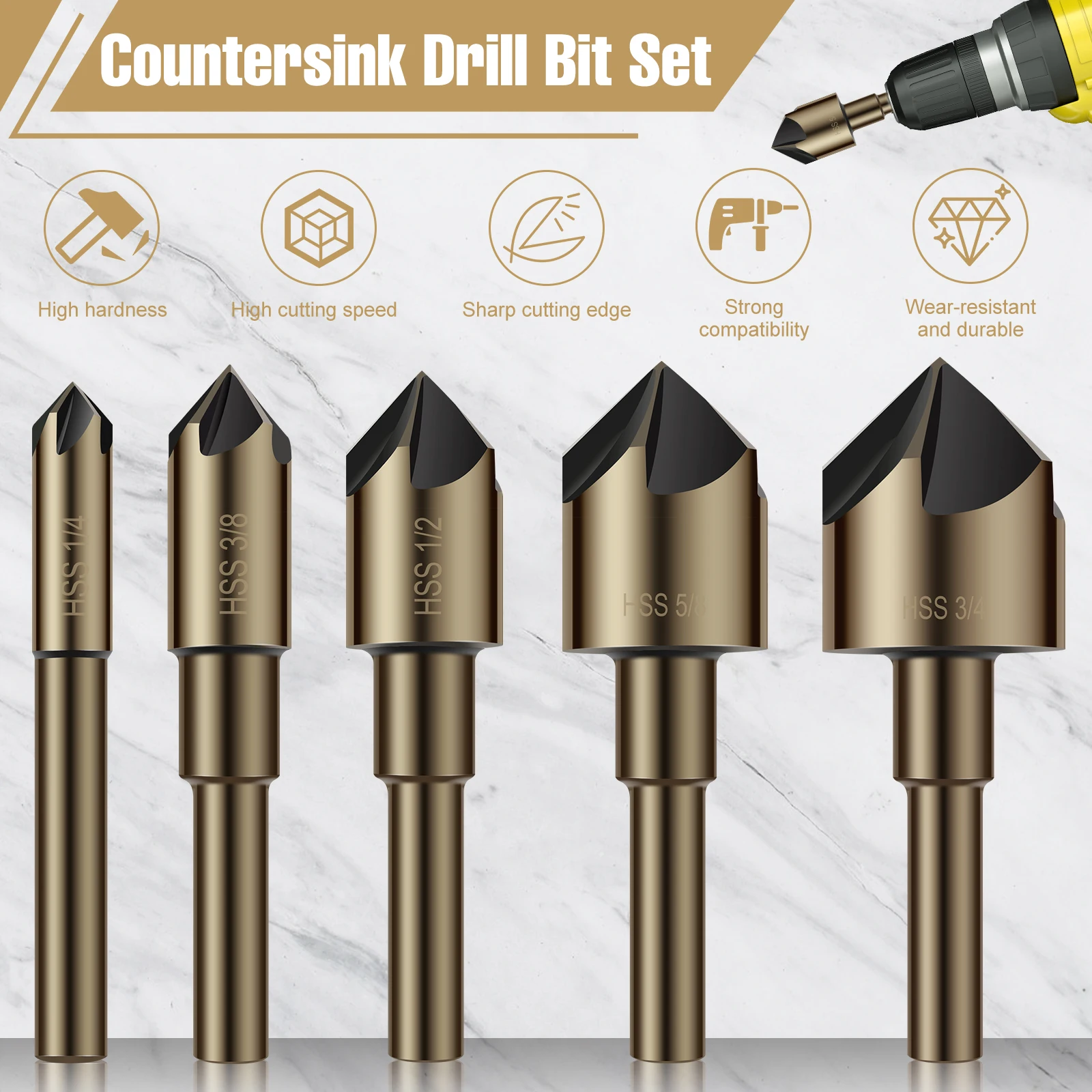 

5Pcs 82 Degrees Chamfer Drill Bit Set 1/4 Inch Round Shank Woodworking Drill Bit Cutter Countersink Drill Bit Set Metal Drilling