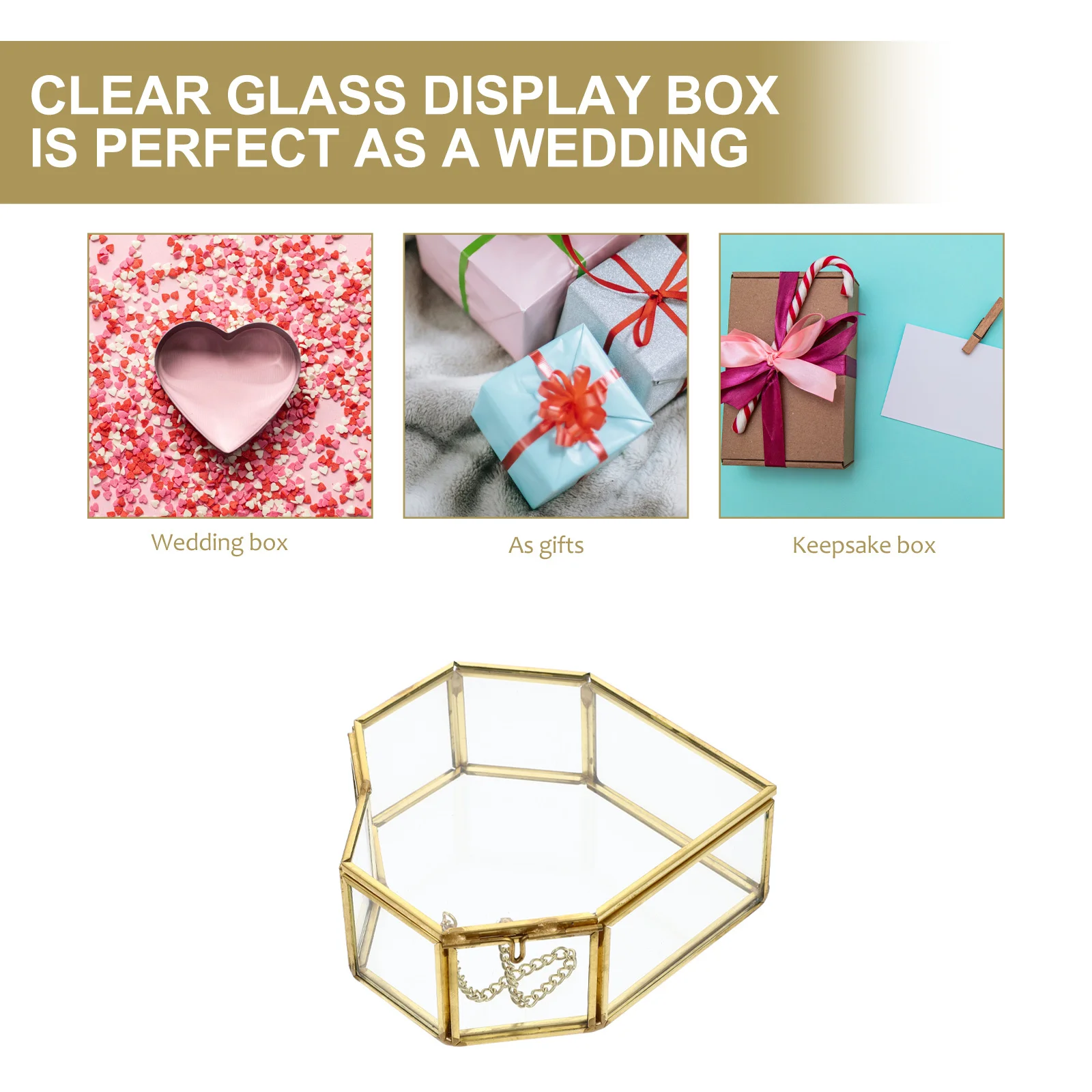 

Heart-Shaped Glass Jewelry Box Gold Brass Frame Display Keepsake Gift For Valentine Wedding Anniversary Decorative