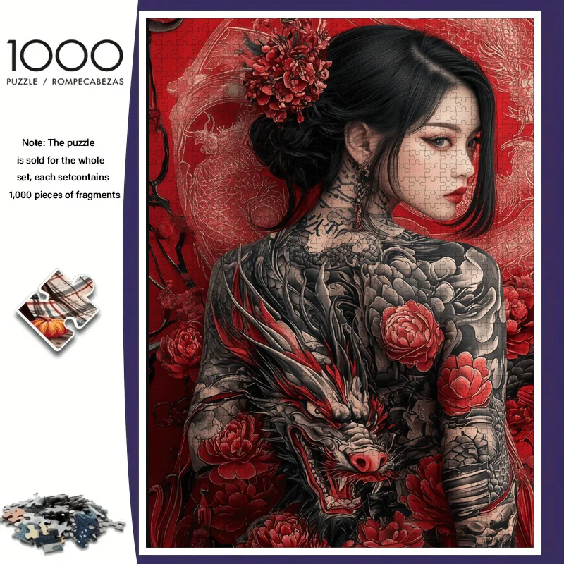 Rompecabezas artístico de tatuaje de dragón Geisha y samurái, rompecabezas grande y desafiante para adultos con Desi tradicional guerrera, 1000 Uds.