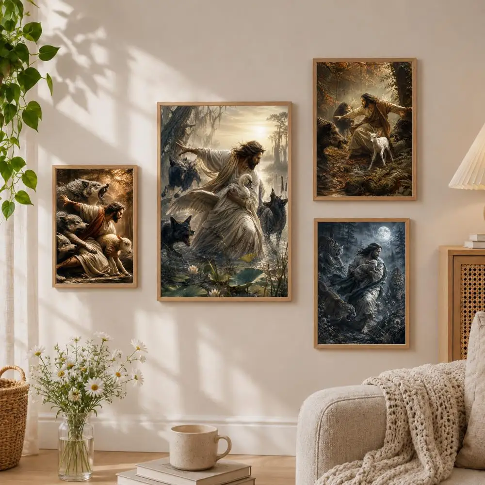 Shepherd Protecting Lamb From Wolves Poster Stickers HD Painting Self-Adhesive Art for Bedroom Room Home Decor Wall Decals Gift