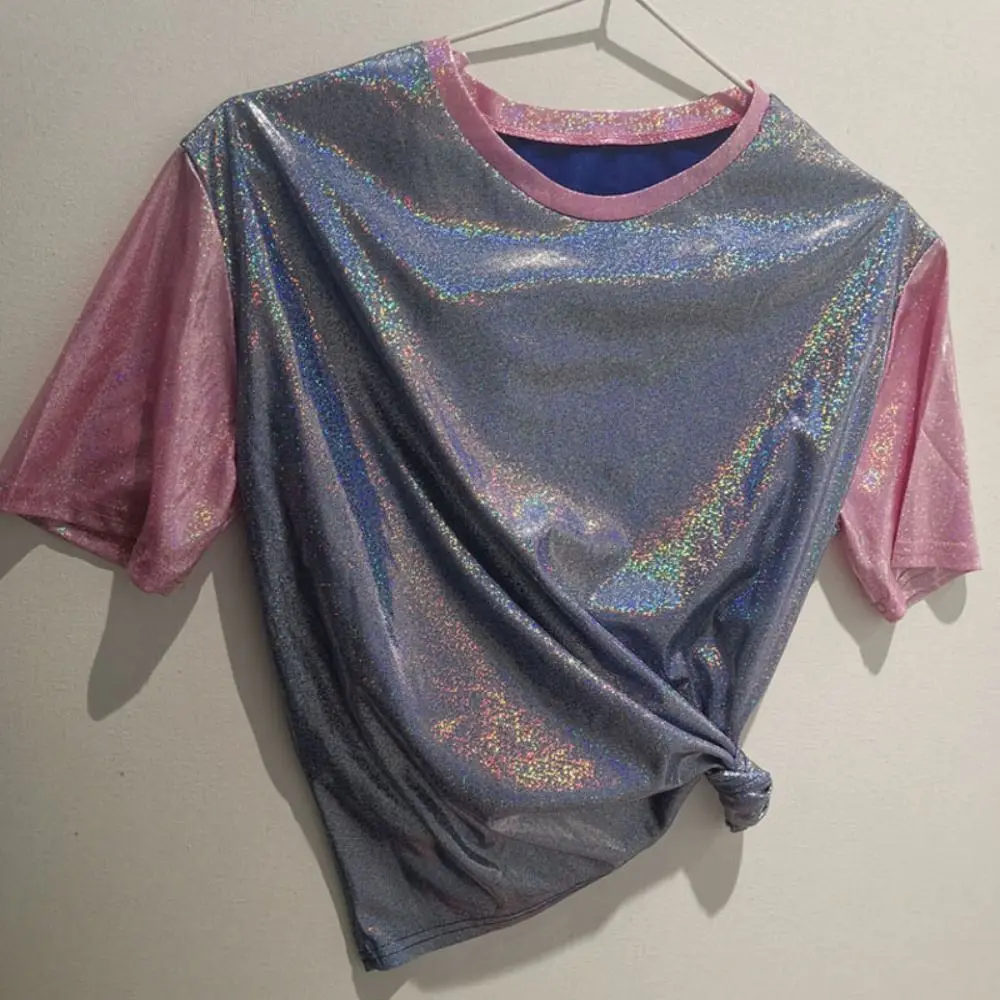Summer Bright Silk T-shirt Shiny Loose Short Sleeve Tshirt Retro Style Aesthetic Dance Wear Women