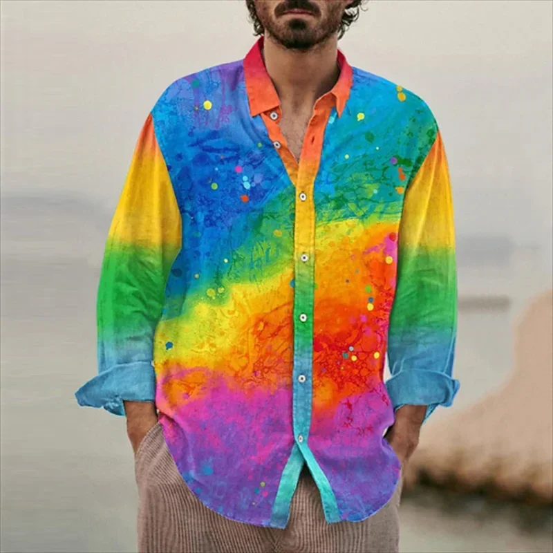 Summer Men Women Harajuku Colorful Love Shirts Rainbow Graphic Long Sleeve Lapel T-shirt Ropa Hombre Casual Oversized Male Tops