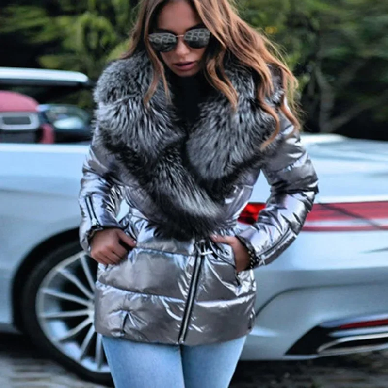 Women Cotton-padded Jacket Zipper Long-sleeved Winter Leisure Bright Face Fur Collar Irregular Short Belt Cotton-padded Jacket