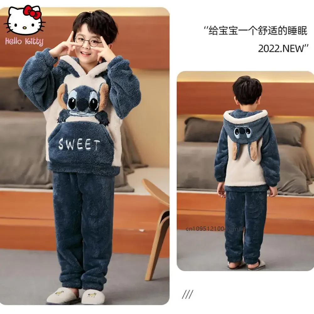 ديزني غرزة الكرتون الأطفال منامة الخريف الشتاء موضة رشاقته ملابس دافئة الوالدين والطفل مقنعين مجموعة الأسرة Kawaii ملابس المنزل