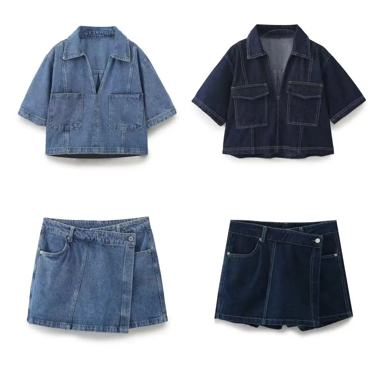 2024 Autumn New Women\'s Clothing European And American Style Fashionable Versatile Casual Short Denim Shirt Half Skirt Set