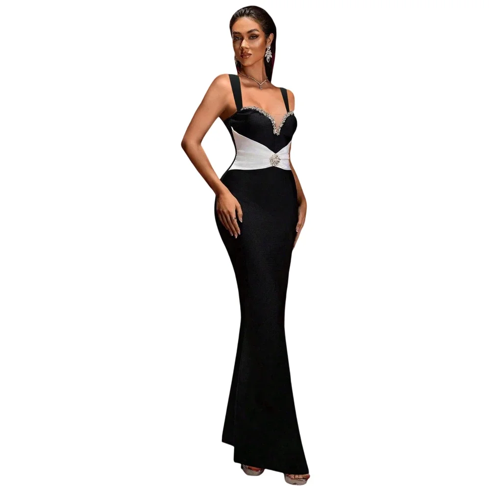Luxury Rhinestone Bodycon Patchwork Dress V-neck Sleeveless Backless Long Bandage Dresses Elegant Evening Party Celebrate Gowns