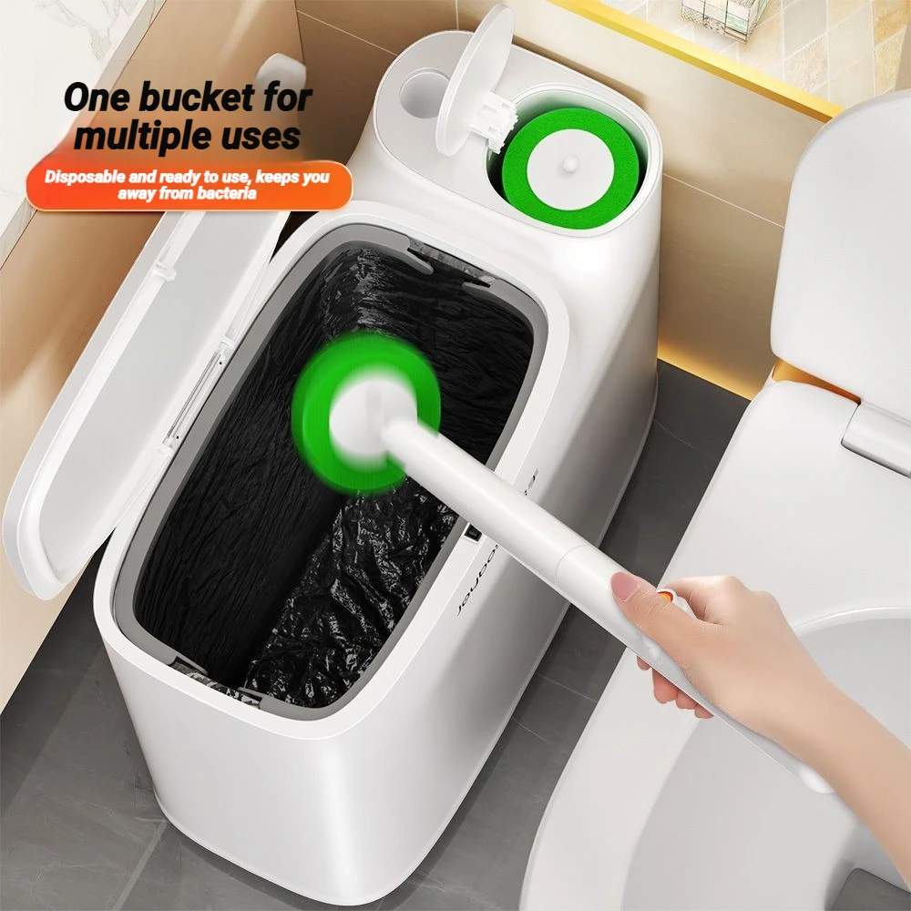 4-in-1 Toilet Brush Narrow Trash Can Set Auto-Open Lid With Brush Holder Disposable Sponge Heads Bathroom Bin Slim Dustbin