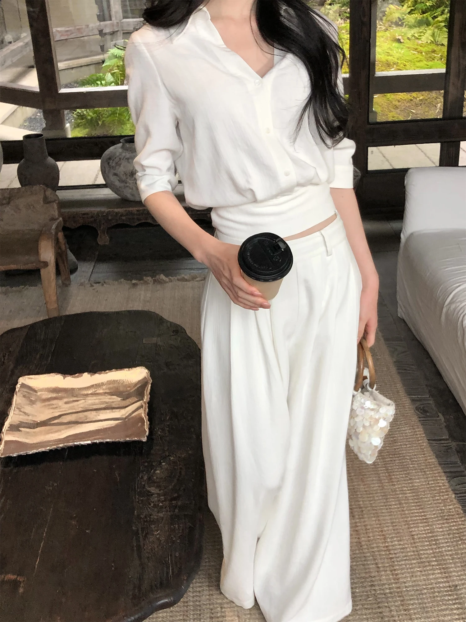 

Elegant Ruche Design Commute Set Women's Shirt Top with Draping Wide Leg Pants Breathable Medium Weight Spring Outfit