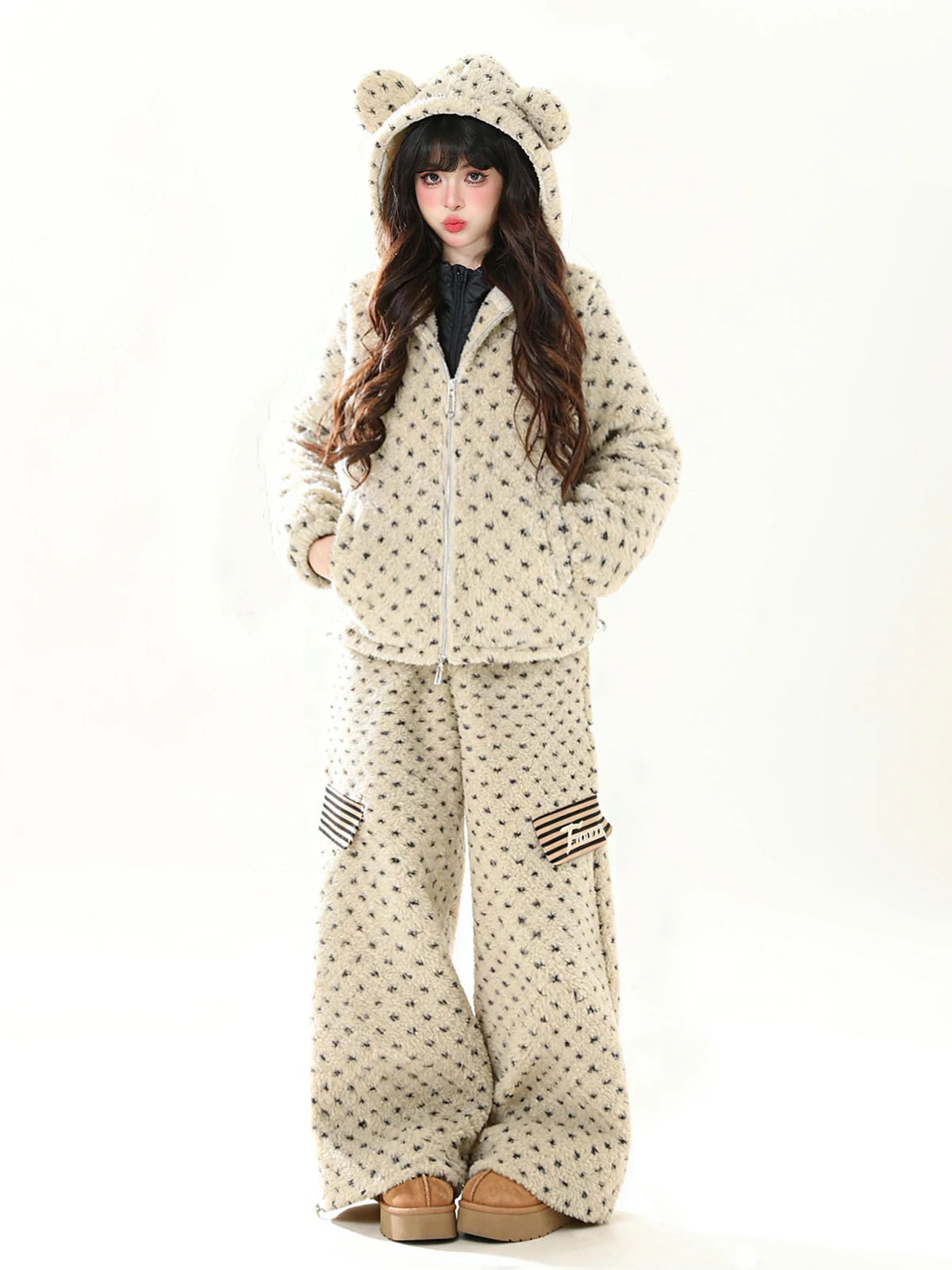 

Комплект ENJOG: Ретро-куртка с сердечками из овечьей шерсти и хлопка, женская зимняя теплая верхняя одежда, свободный хлопковый костюм-двойка