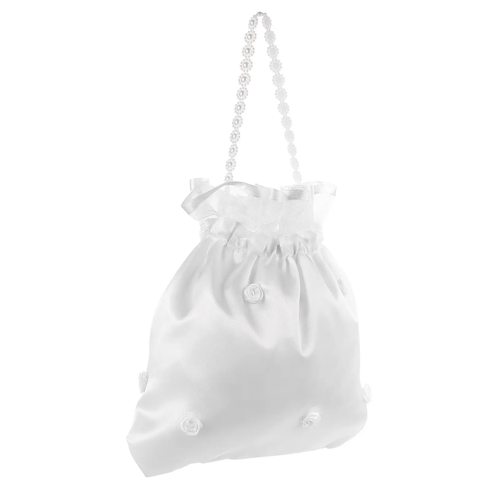 Bridal Dolly Bag White Satin 22.00x21.00x0.20inch Lace Flower Decorated Wedding Day Purse for Bride Bridesmaid Flower