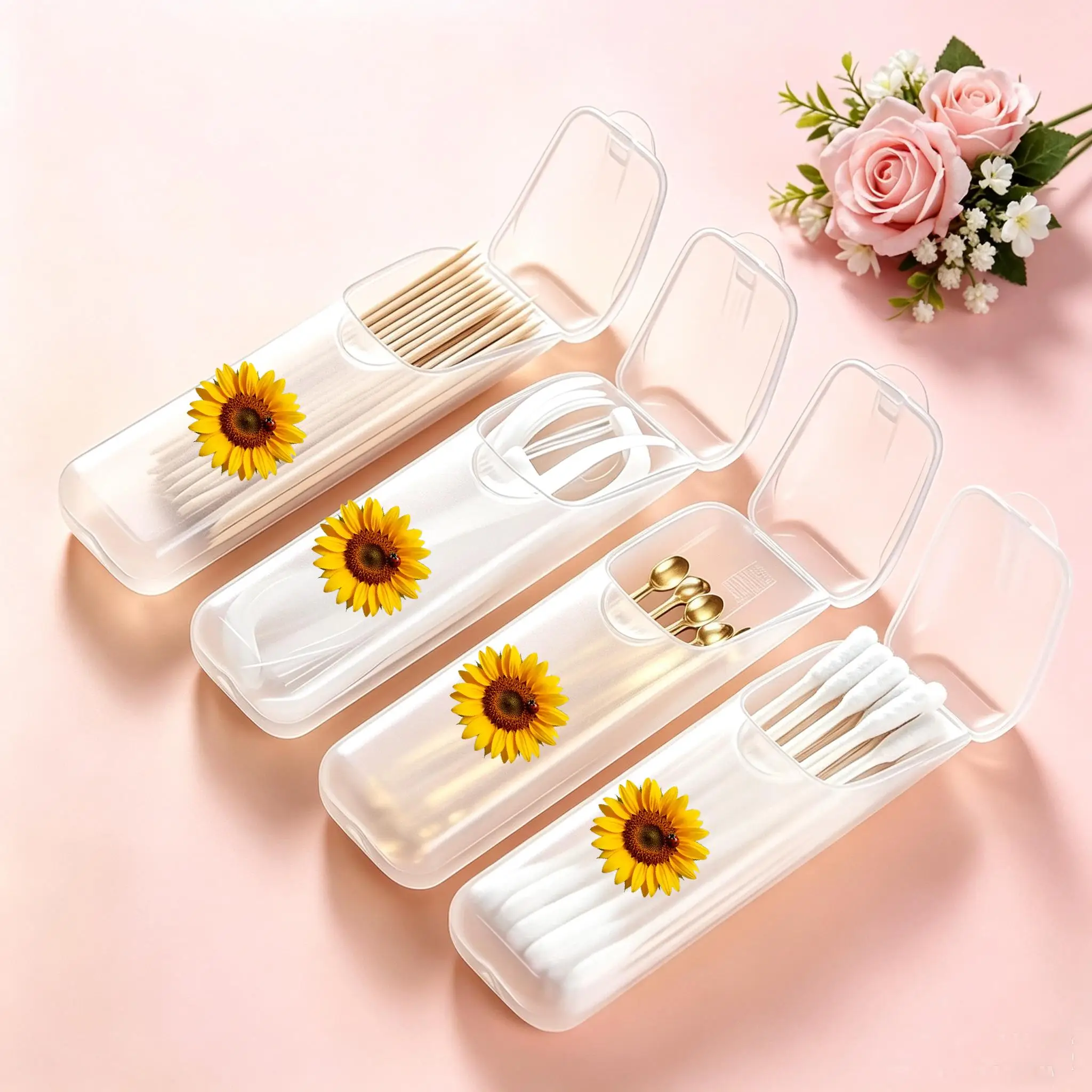 Sunflower Mini Storage Box, Travel Pill & Capsule Case, Food-Grade PP Container for Toothpicks, Dental Floss, Small Parts & Tiny