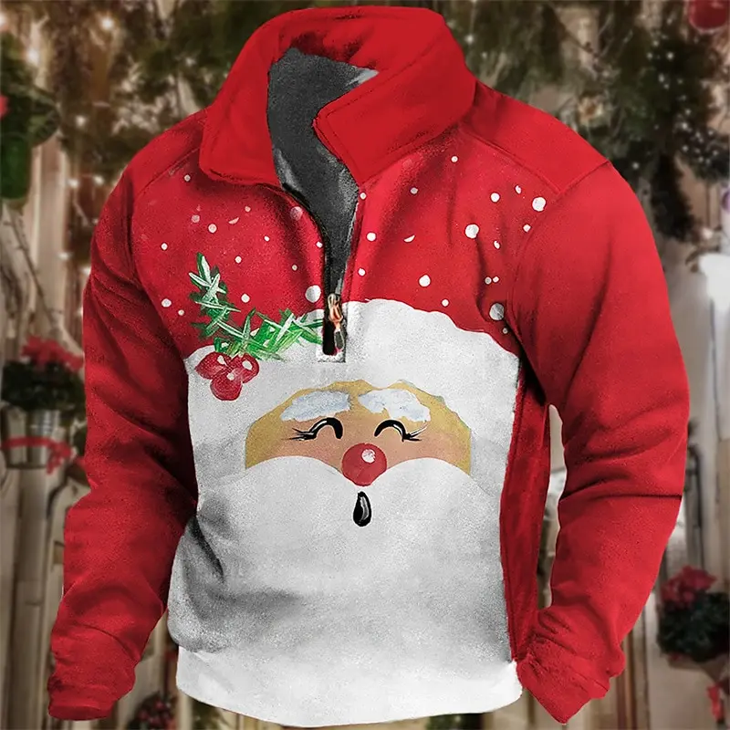 Christmas Elk Print Half Zip Long Sleeve Sweatshirts Autumn Casual Simplicity Loose Tops Fashion Stand Collar X'mas Men Clothes