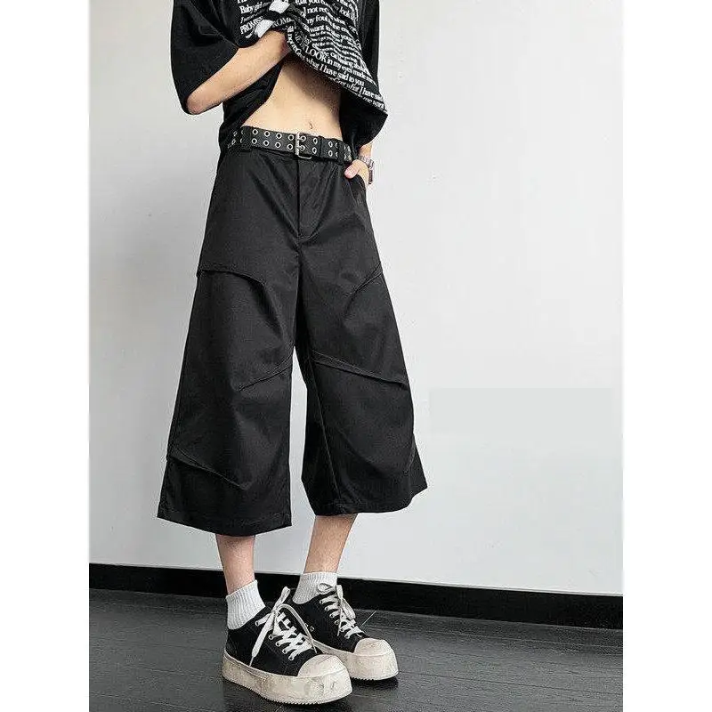 

M-XXXXL Plus Size Men Summer Solid Color Loose Fit Wide Leg Cropped Pants - Lightweight Casual 3/4 Length Trousers for Man 4XL