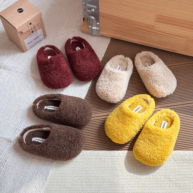 2026 Autumn Winter New Korean Style Slippers Girls and Boys Soft Sole Fluffy Cotton Slipper Kids Shoes 23-33