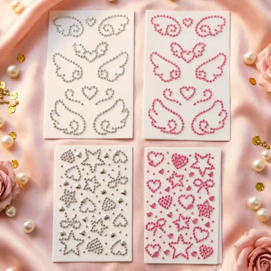 4 Sheets of Angel Wings Diamond Stickers, Pink and Silver, with Heart, Star, and Bow Elements, Rhinestone Stickers Suitable for Face Decoration and Handmade Embellishments