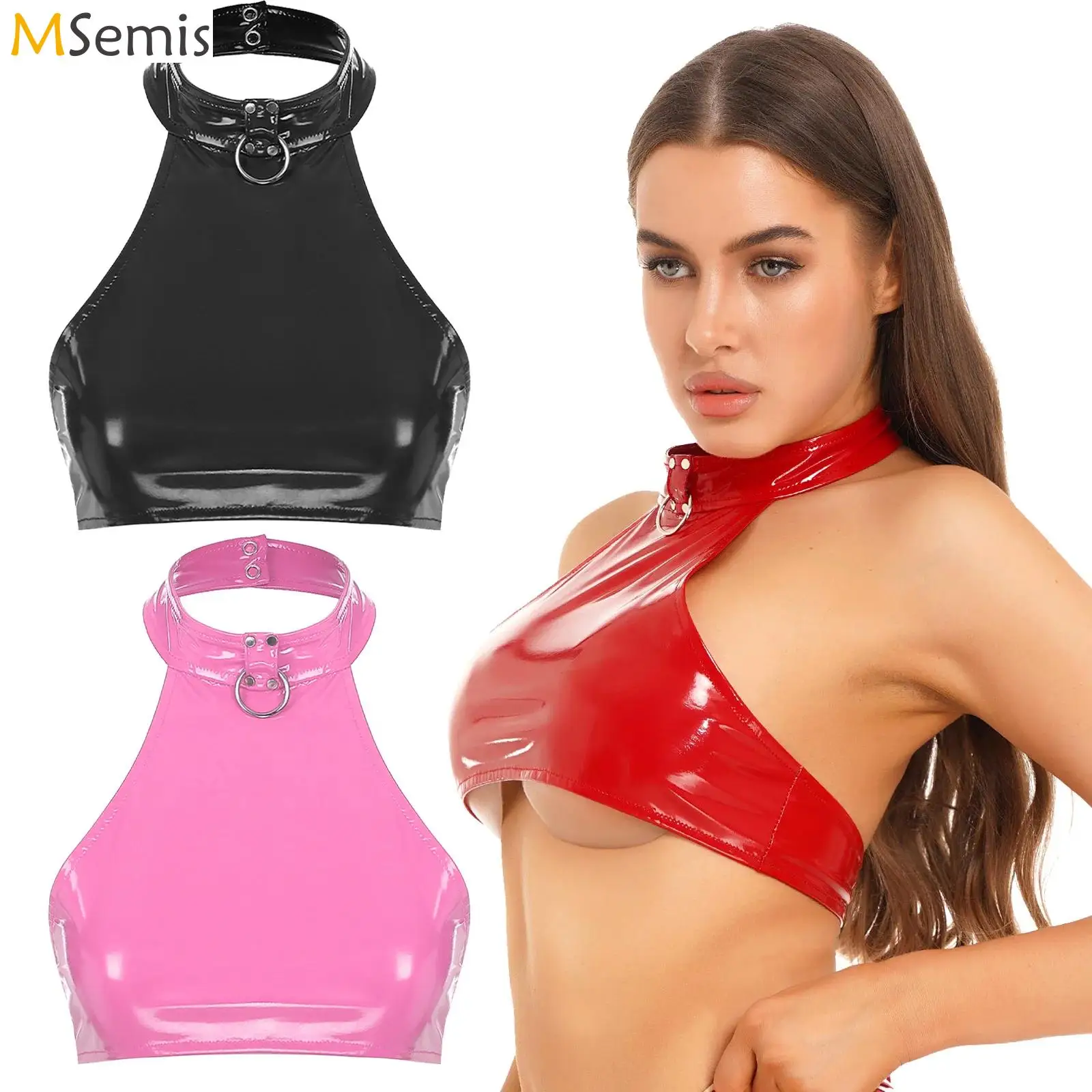 

Womens Wet Look Crop Tank Tops Patent Leather O Ring Halter Vest Tops Backless Camisole Dancing Party Music Festival Rave