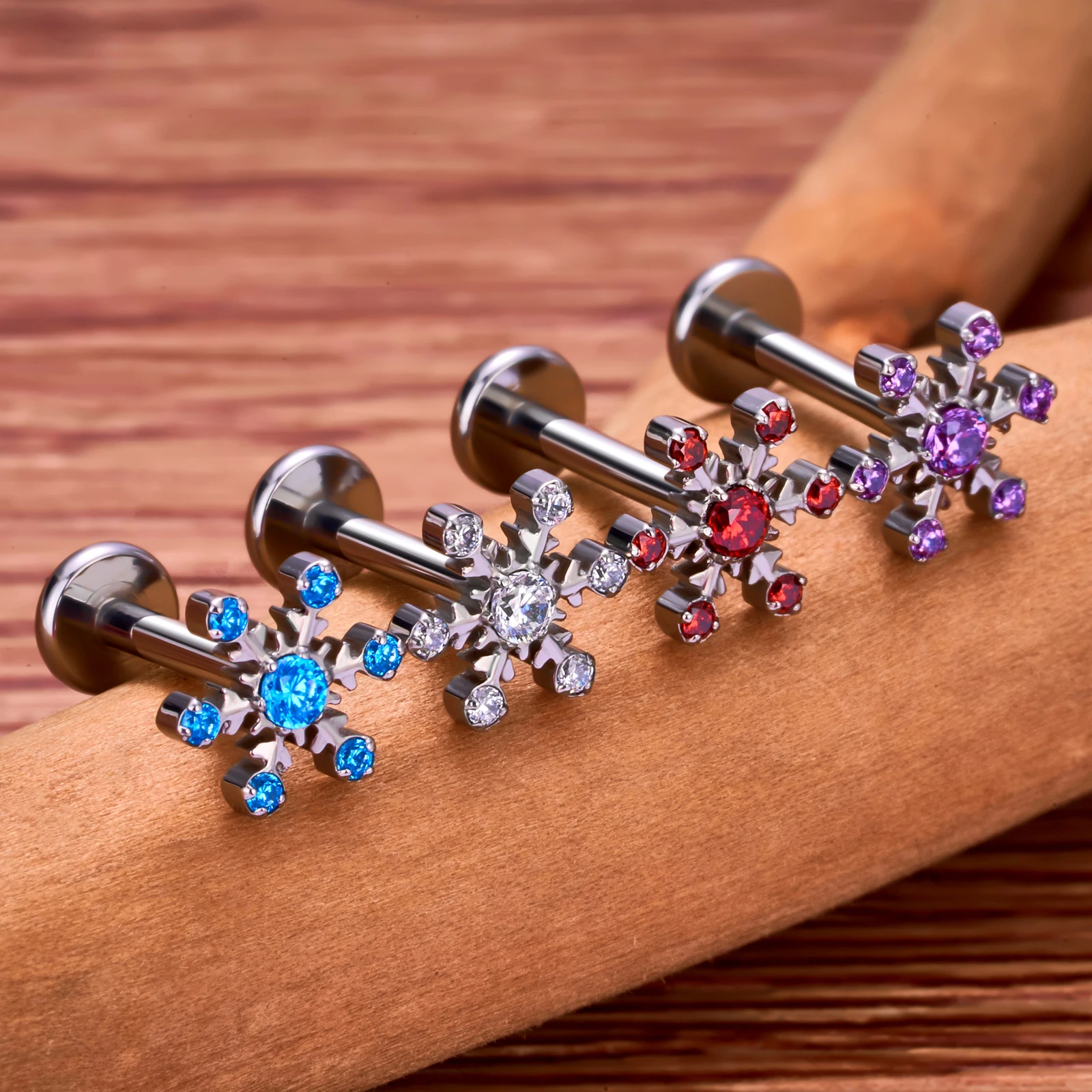 G23 Titanium Ear Piercing Snowflake CZ Inlay Stud Tragus Cartilage Lobe Helix Daith Earrings Labret Lip Stud Women Body Jewelry