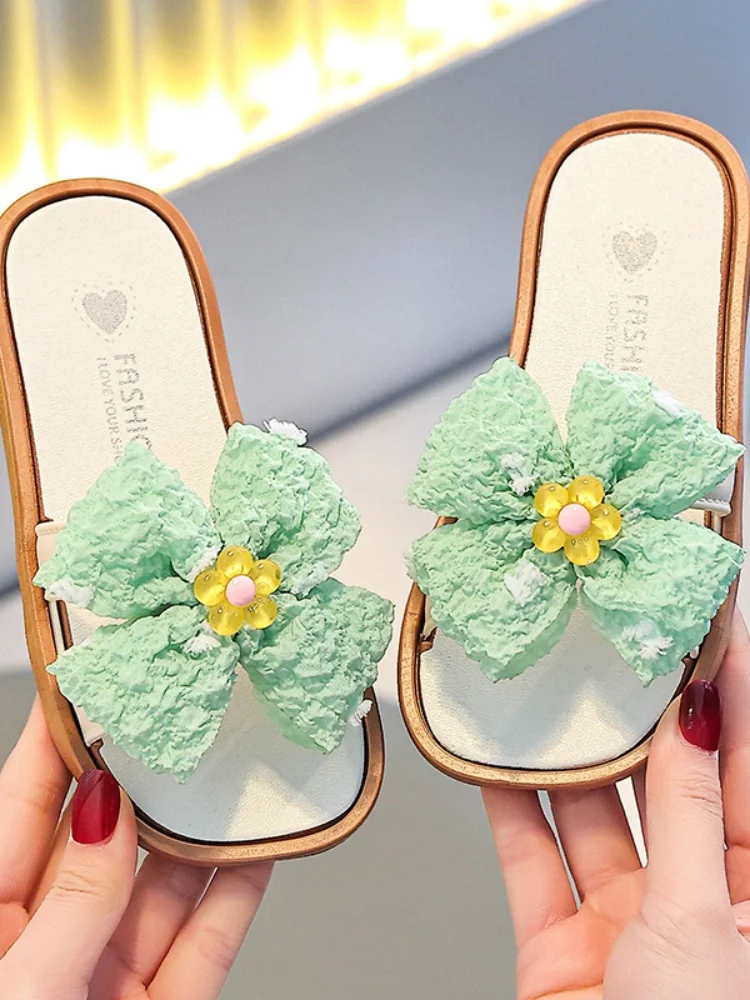 

2025 New Girls' Flat Open Toe Slippers Fashion Bow Summer Sandals Vacation Casual Slippers