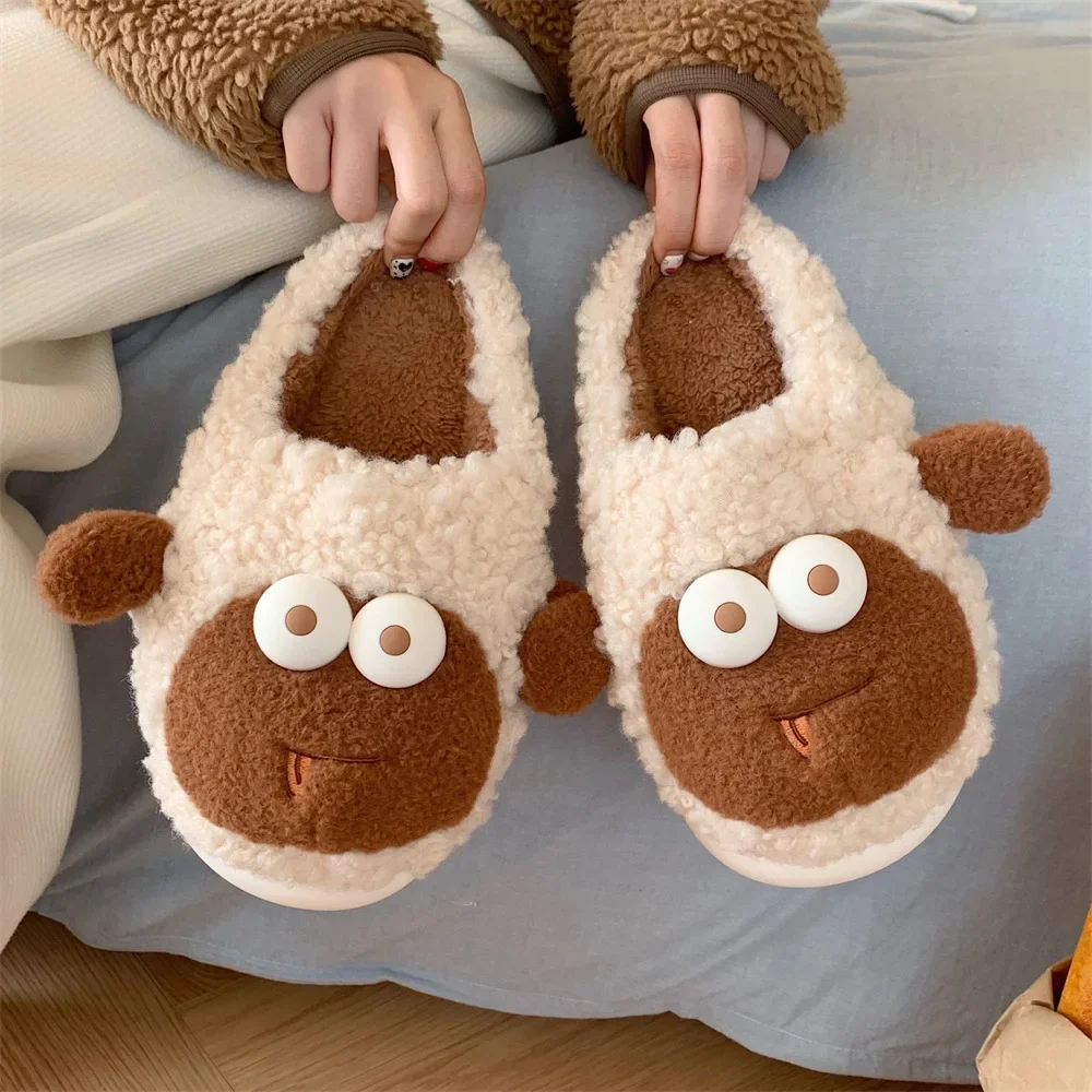 Girls winter indoor thick bottom fashion cotton slippers cute big eyes cartoon sheep home new warm cotton slippers female