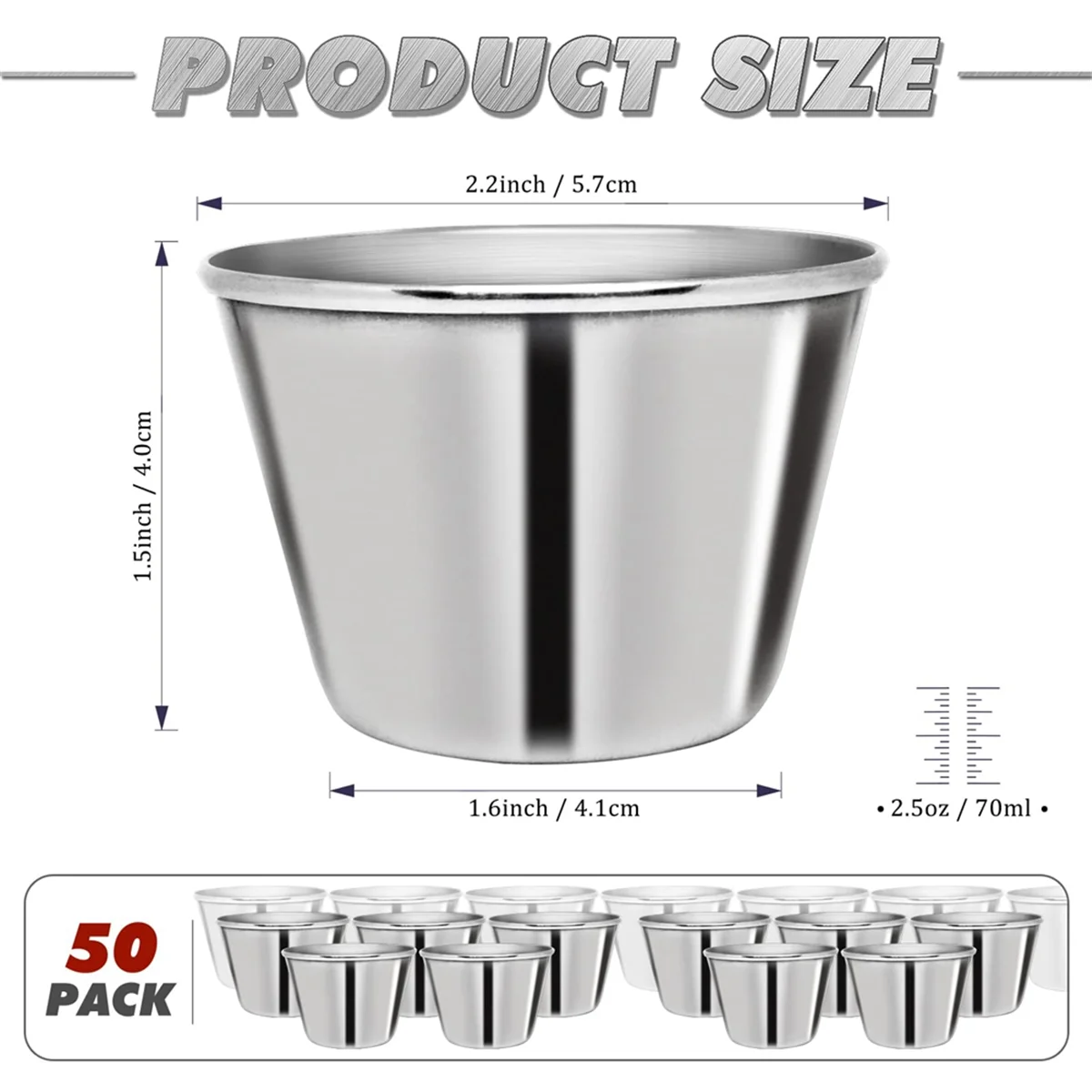 50 Pcs Metal Sauce Cups 2.5oz Ramekins, Stainless Steel Dipping Sauce Cups Metal Condiment Container Reusable