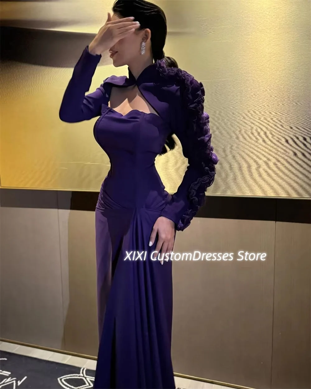 تخصيص فساتين Fساتين A-الخط رسن بطول الأرض للحفلات الراقصة كشكش بأكمام طويلة وسحاب حتى فساتين للمناسبات الخاصة #6