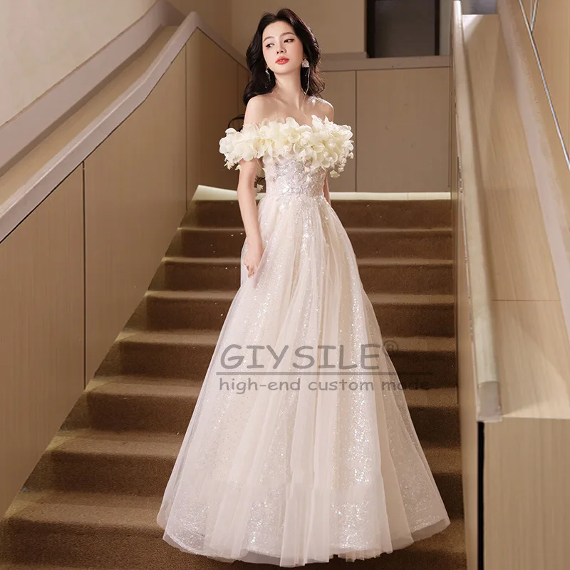 

GIYSILE Customized One-shoulder Champagne Evening Dress Female 2025 New High-grade Banquet Floral Sequined Princess Fluffy Dress