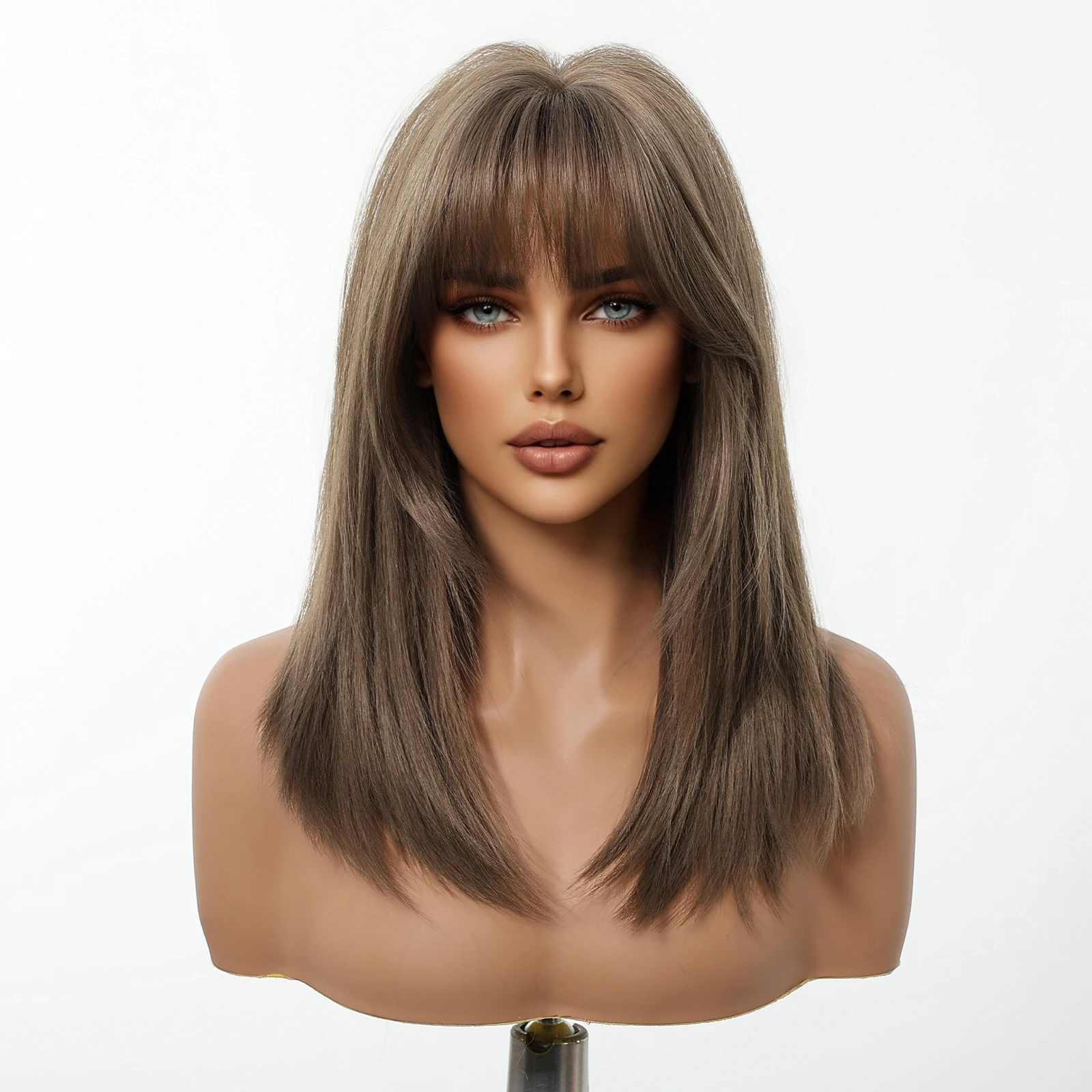 Henry margu peruca de cabelo sintético marrom de comprimento médio, marrom claro, perucas diárias retas com franja para mulheres, uso de festa, resistente ao calor