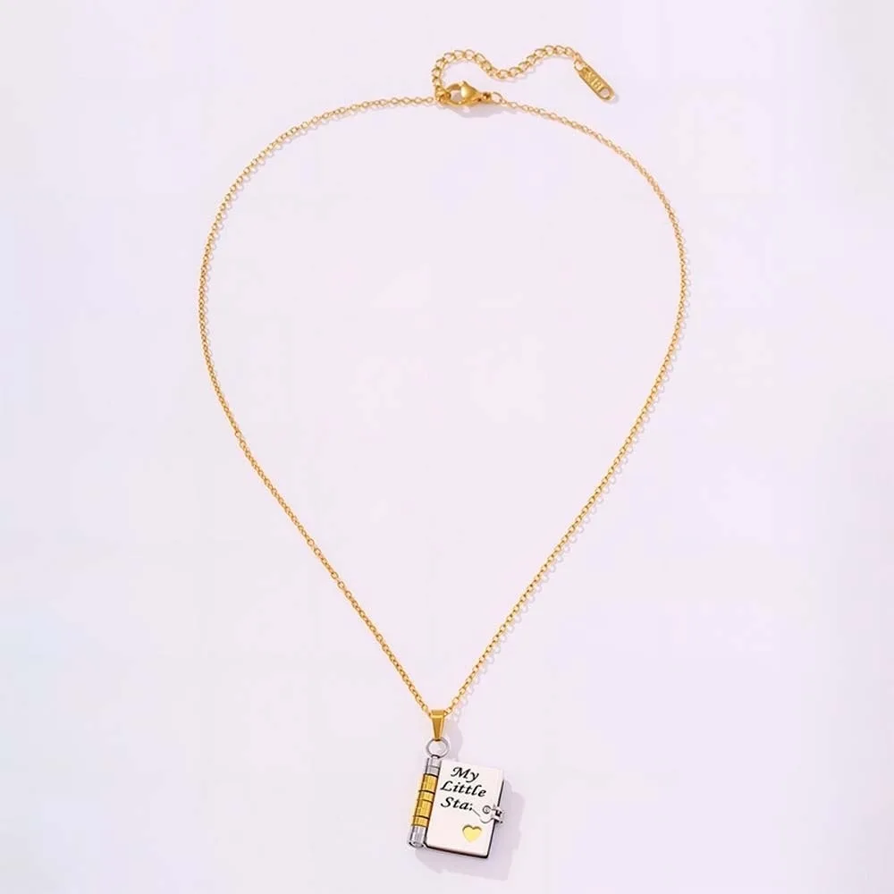 

Titanium Steel Book Necklace for Daughter Stainless Steel Handmade Opening Book Pendant Heart Waterproof Girls Text Locket Women