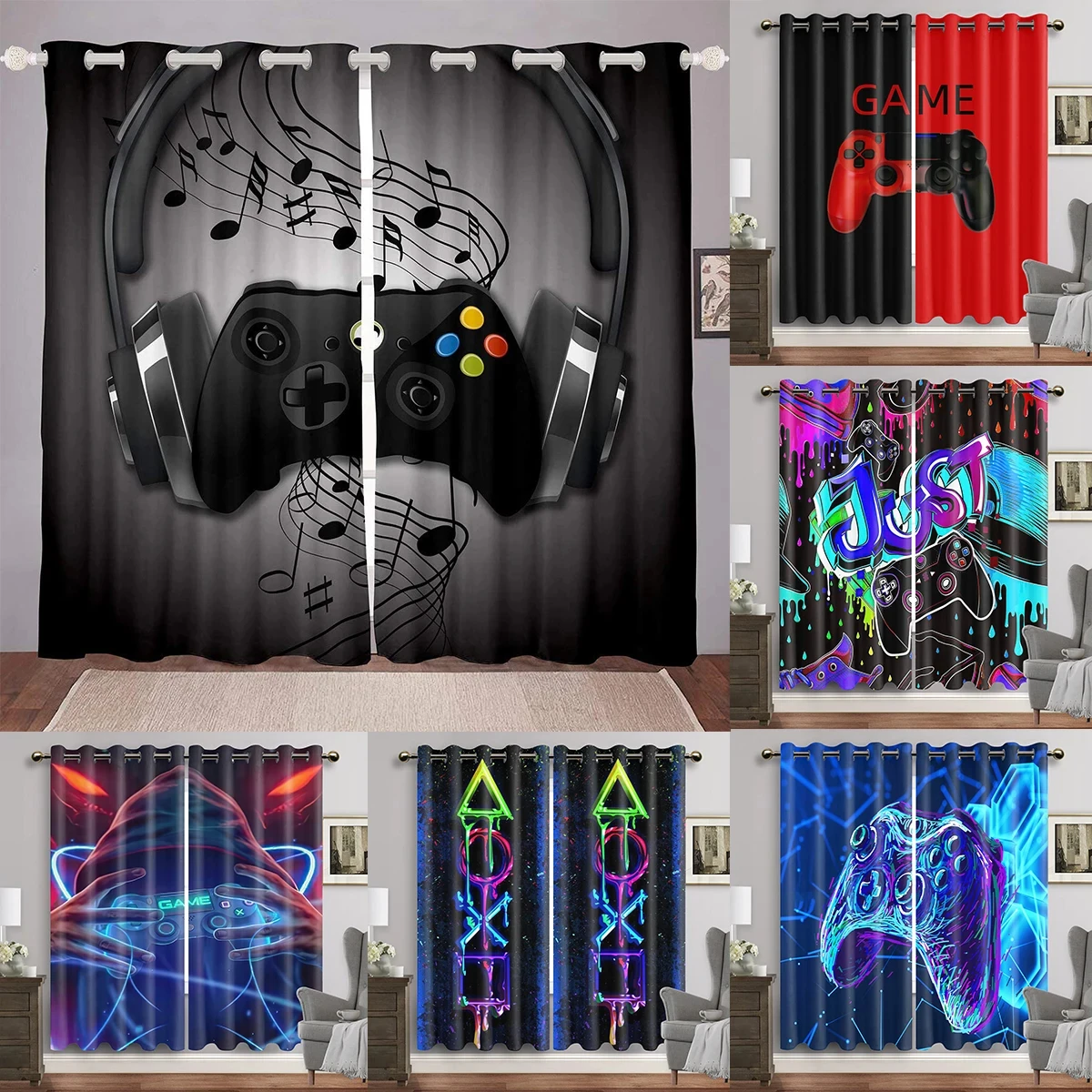 

Gamer Curtains for Boys Bedroom Gaming Room Decor Window Curtains Playing Video Game Window Drapes 2 Pieces Free Shipping