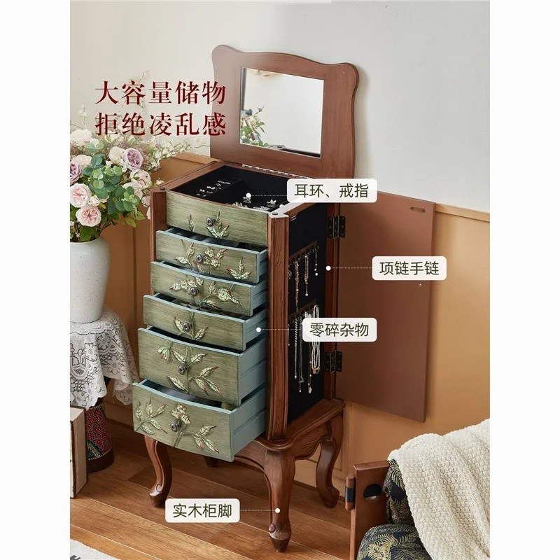 Vintage Wooden Jewelry Cabinet with Hand-Painted Design Mirror and Storage for Bedroom Makeup Vanity Stand for US Style