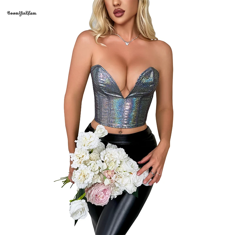 

Pvc Leather Silver Sparkly Overbust Korsette Women's Sequined Full Breast Cropped Top Deep V Corset Plus Size S-xxxl