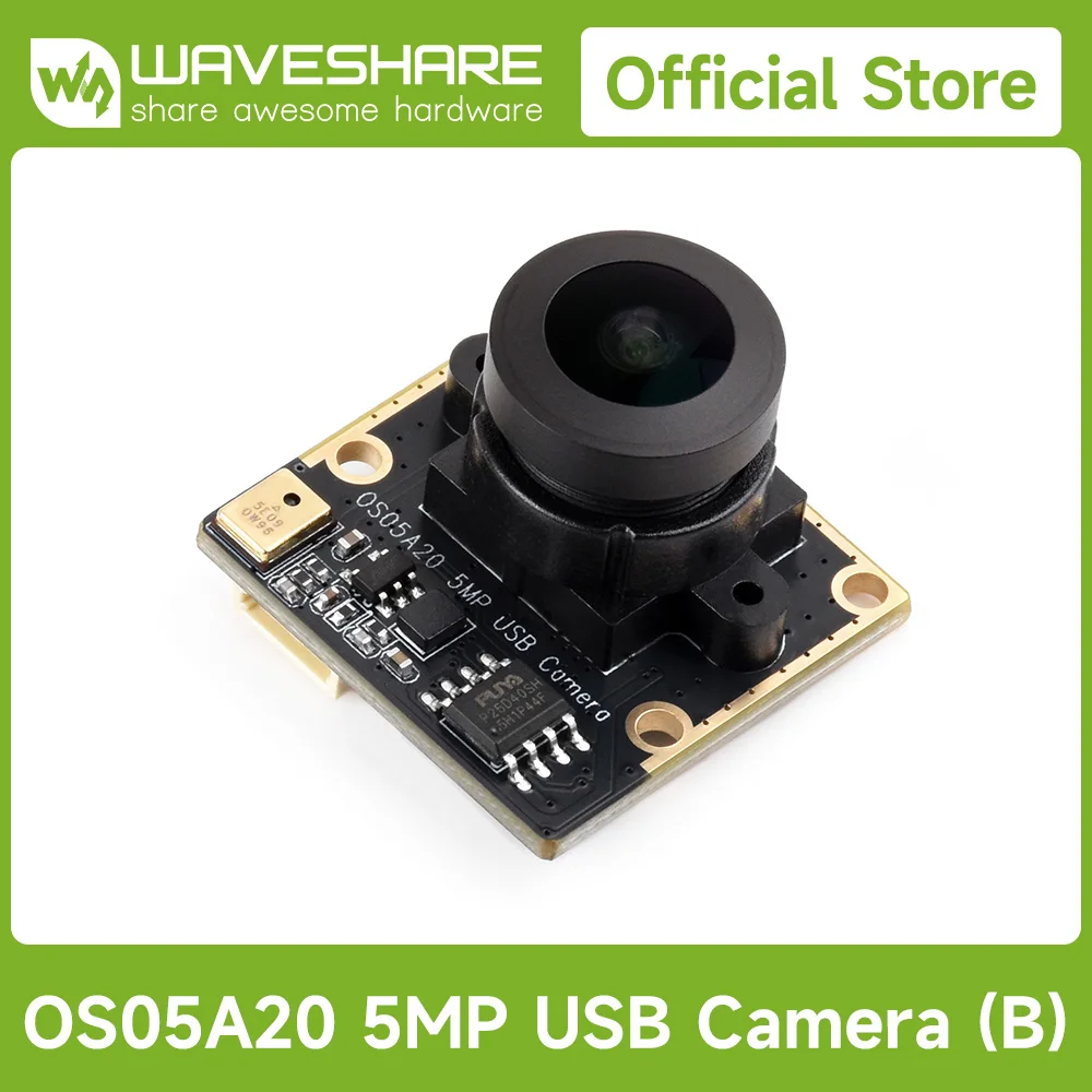 Waveshare OS05A20 5MP USB Camera Module Type B, Supports USB2.0 Port, Onboard Single Microphone, 175° Wide-Angle Lens