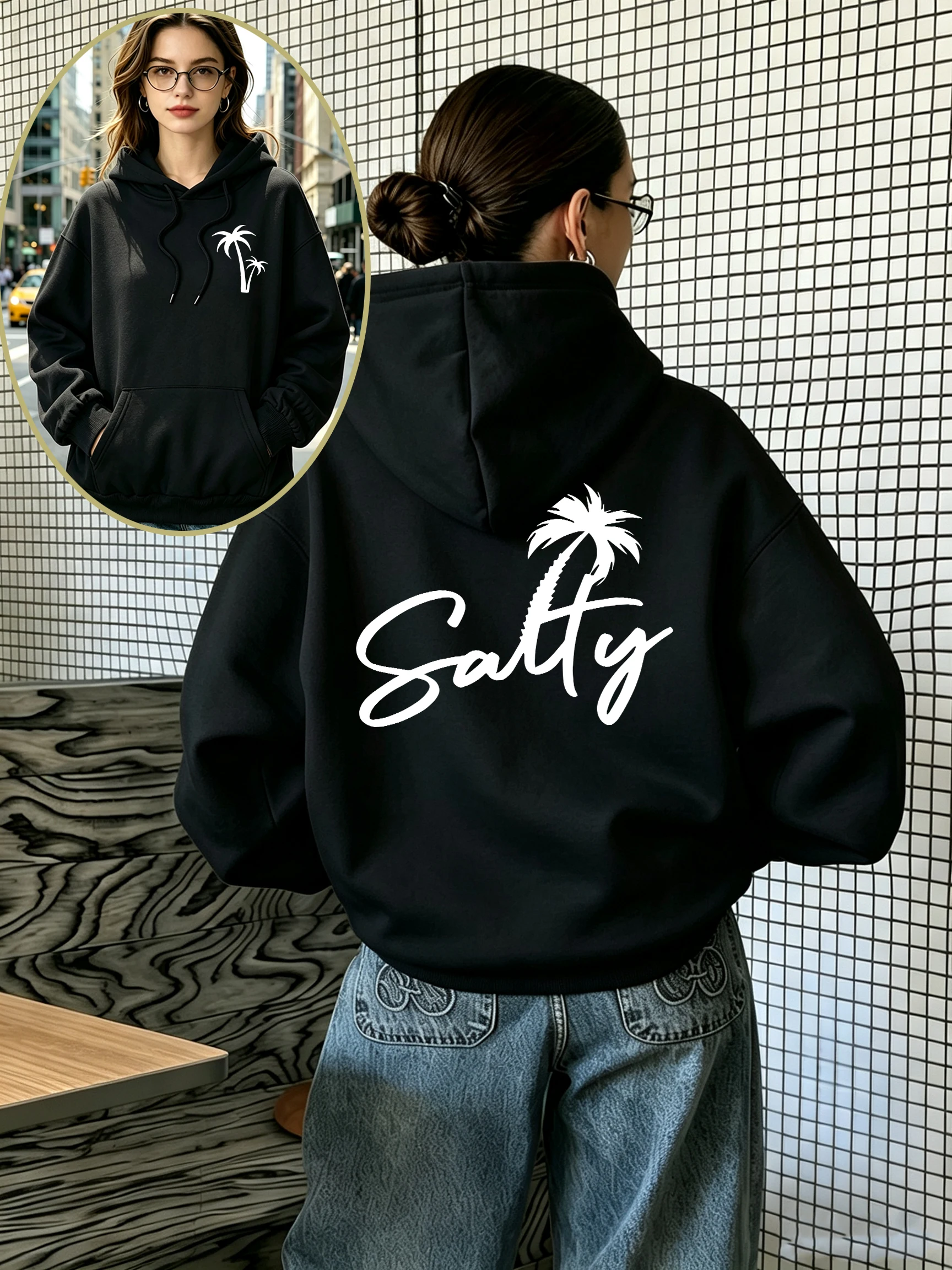 New Salty Coconut Tree Creative Word Design Hoody Women Comfortable Pocket Hoodie Fashion Fleece Pullovers Korean Autumn Clothes