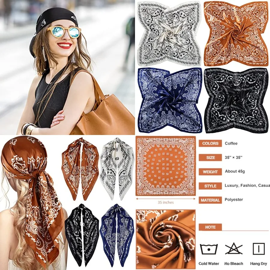 

4 Pcs 35 Inch Satin Head Scarf for Women's Hair Square Bandanas Large Silk Scarves for Sleeping, Delicate Series