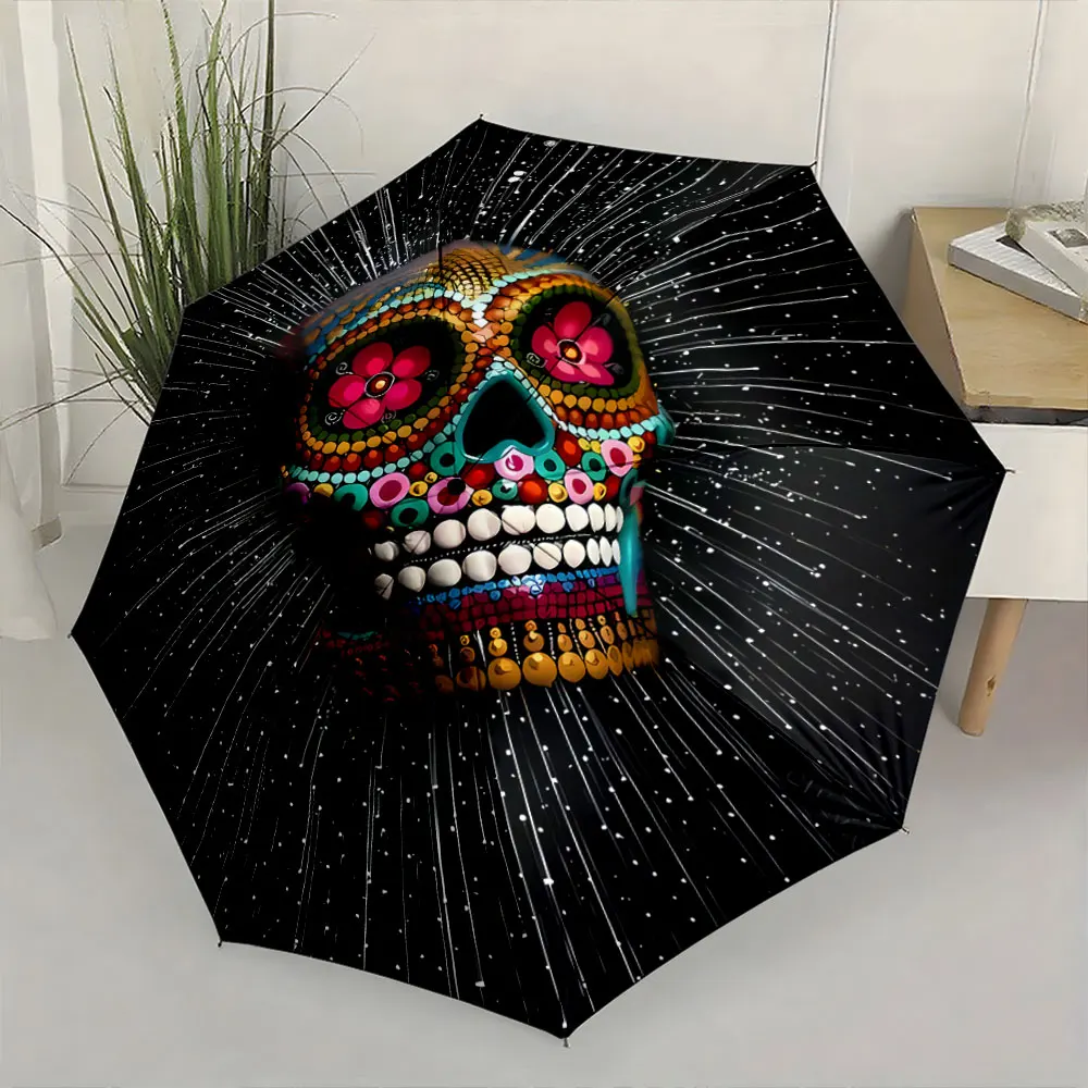 1PC Colorful Sugar Skull Art on a Bold Black Umbrella Print 8 Iron Ribs Folding Umbrella Auto-Open Fashion Sunshade