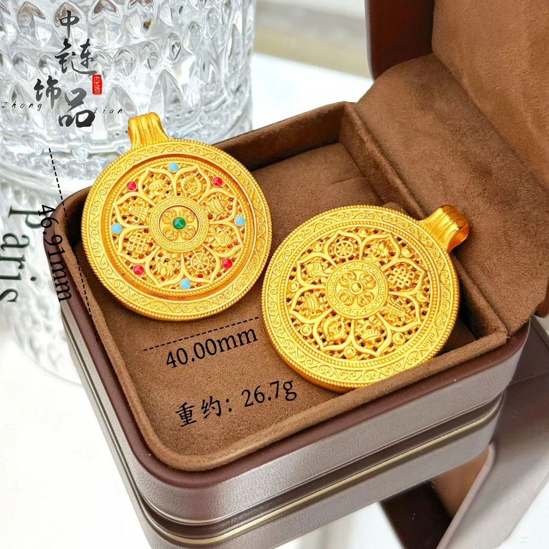 9999 gold enamel-colored rotating eight-symbol compass pendant - New Chinese style diamond staff eight-symbol compass