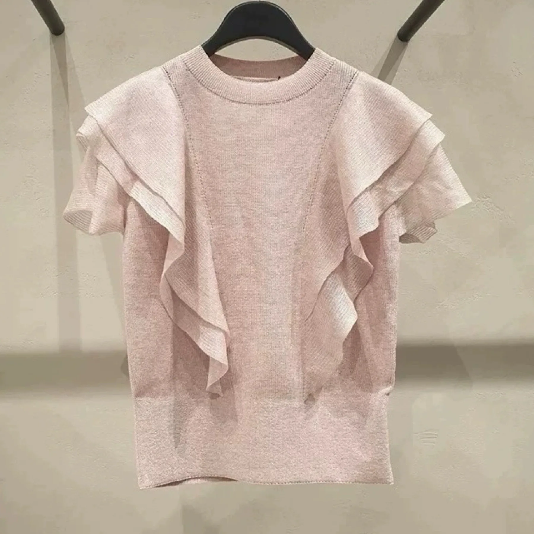 

Ele Slim Fit Knitted ort Sve round Ne Top Korean Sle Summer Faion High End Feel Small Flng Sve OBZ*25