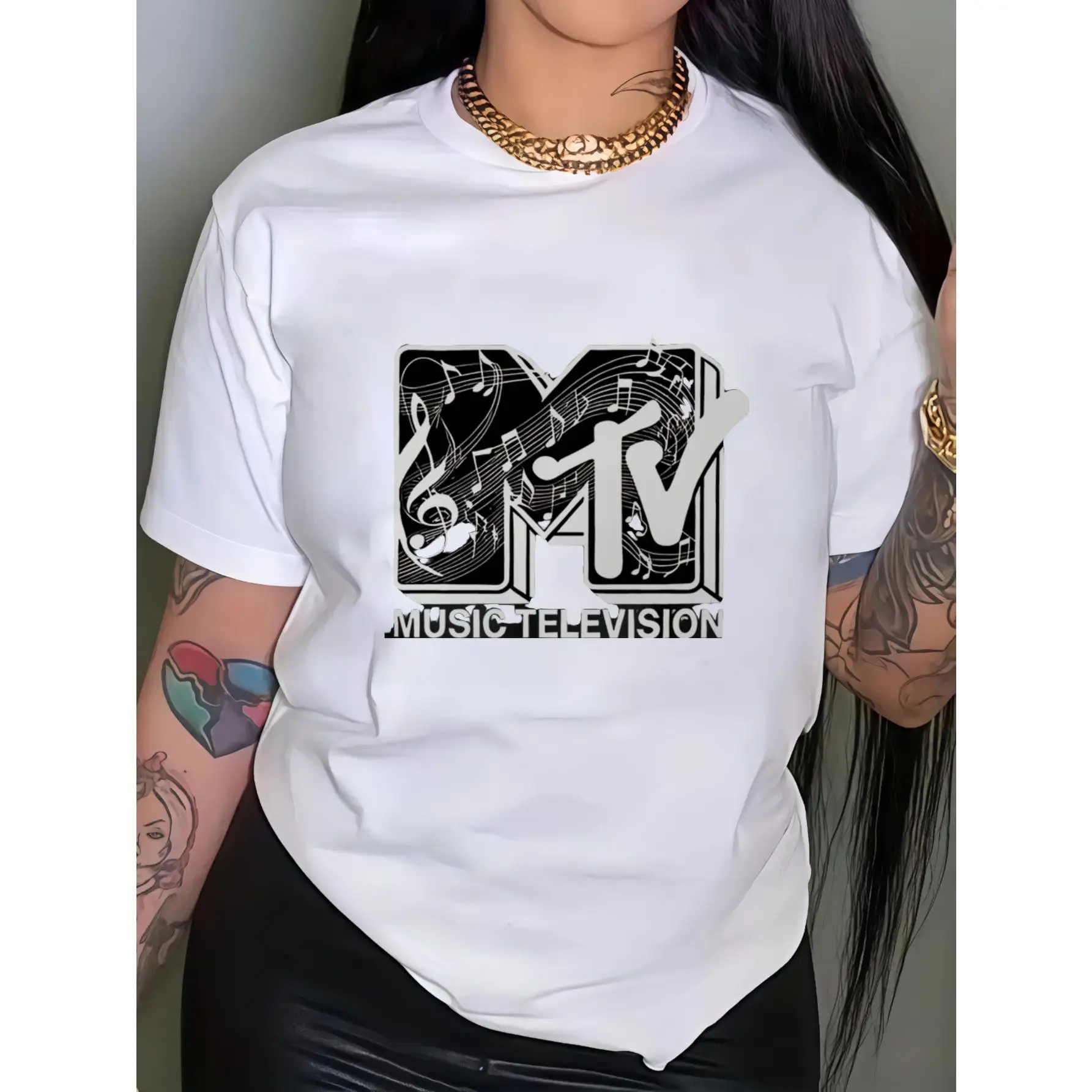 

Women's Comfort Fit Casual T-Shirt - Bold Logo & Geometric Print, Machine Washable Round Neck Short Sleeve Summer Top