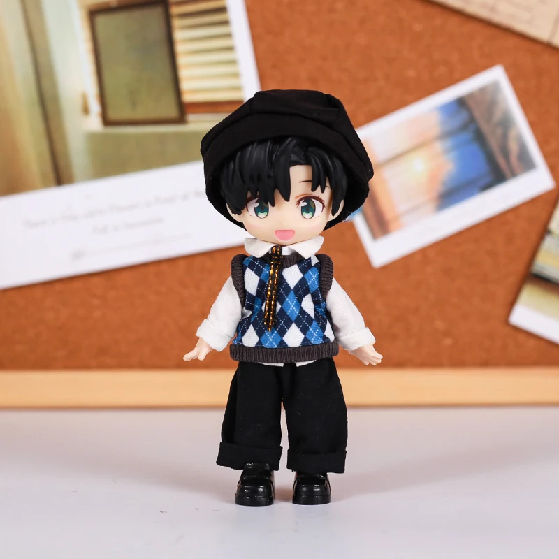 Ob11 Doll Clothes Diamond Grid British Style Vest Pants Set Doll Student Uniform Doll Hat For Ob11,Obitsu11,Molly,1/12 Bjd Doll