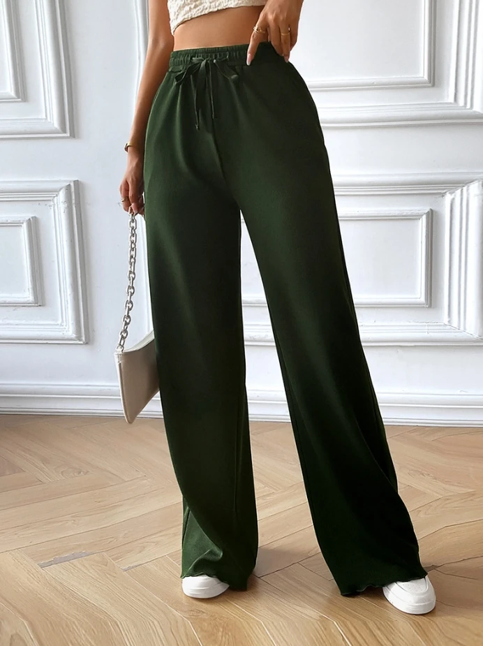 Chuandong Girls 2024 New Fashionable Drawstring Pocket Design Loose Casual Color High Waist Wide Leg Pants In Stock