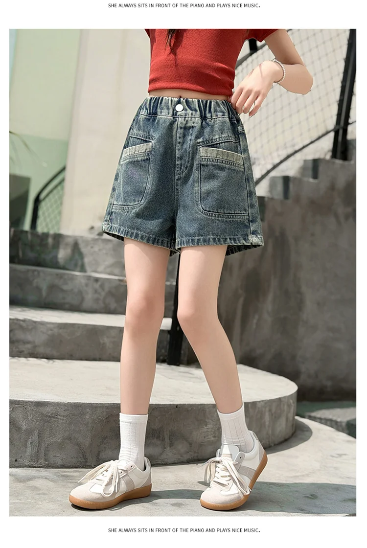 Retro-Design Mädchen-Jeansshorts für Teenager, Sommer-Freizeitshorts mit Taschen, Hochwertige Kinder-Modehose, Alter 5-14 Jahre – Detail 4
