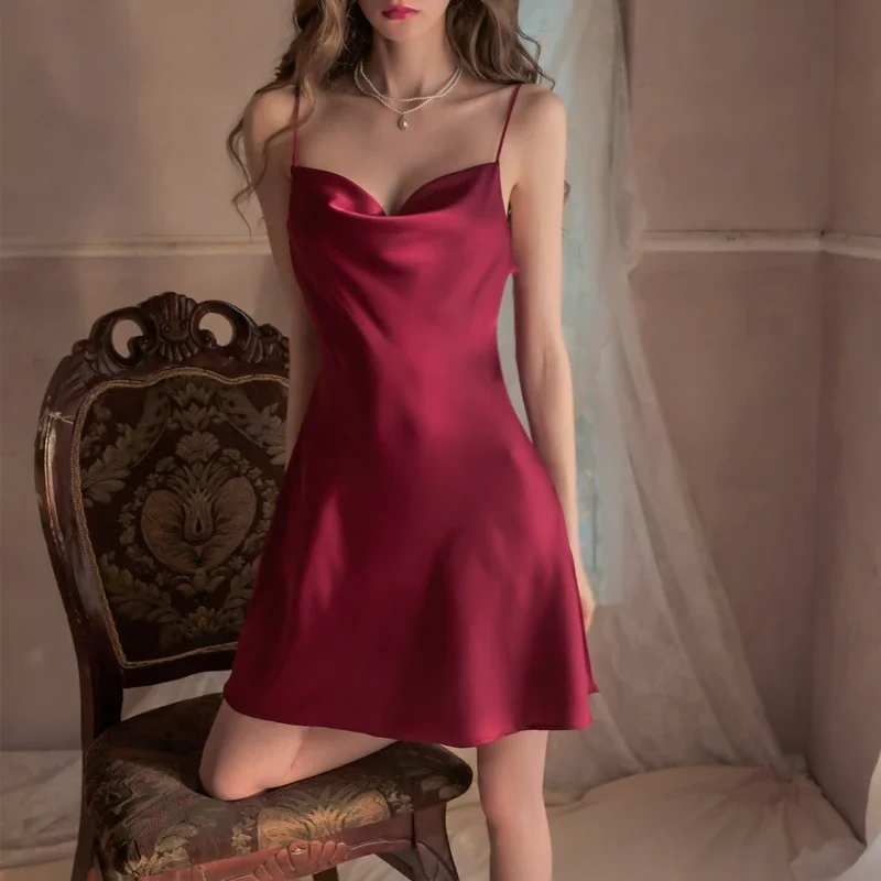 Camisón Sexy de seda para mujer, ropa de dormir, lencería lisa, vestido de boda, camisones sueltos con abertura lateral