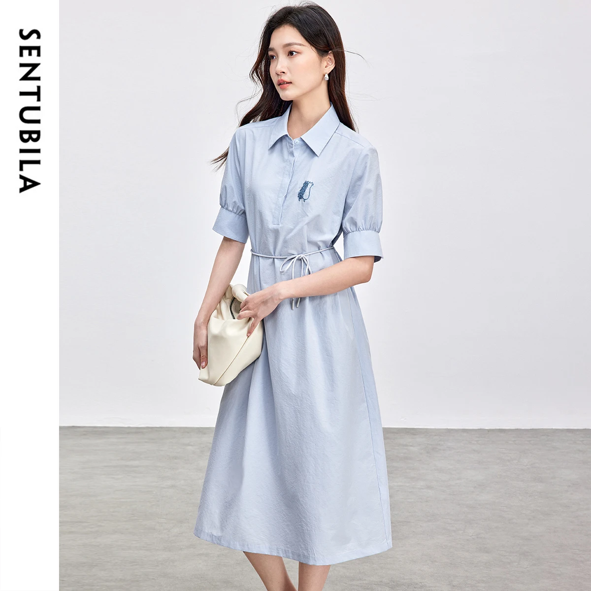 

SENTUBILA Woman Solid Dress 2025 Summer Turn-Down Collar Embroidery Design Half Sleeve Casual Long Dress Woman Clothes 152L80030