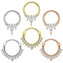 2Pcs 316L Surgical Steel Zircon Hinged Nose Ring Septum Clicker Daith Piercing Ear Cartilage Helix Hoop Flowers Water Drops