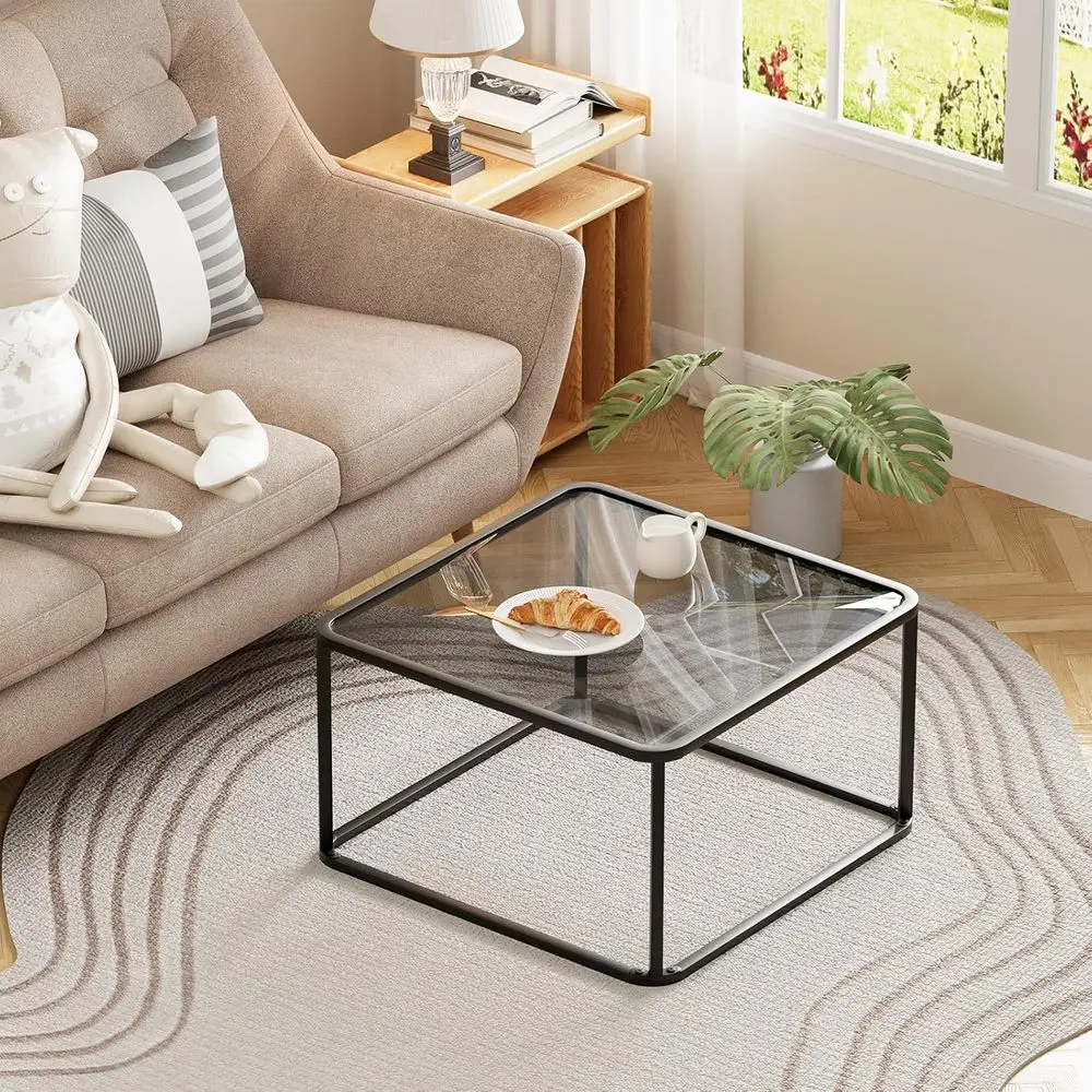 طاولة قهوة زجاجية حديثة وبسيطة لغرفة المعيشة أو المكتب، أسود ورمادي، 26.4 × 26.4 × 15.7، إطار قوي، سهل التجميع #4
