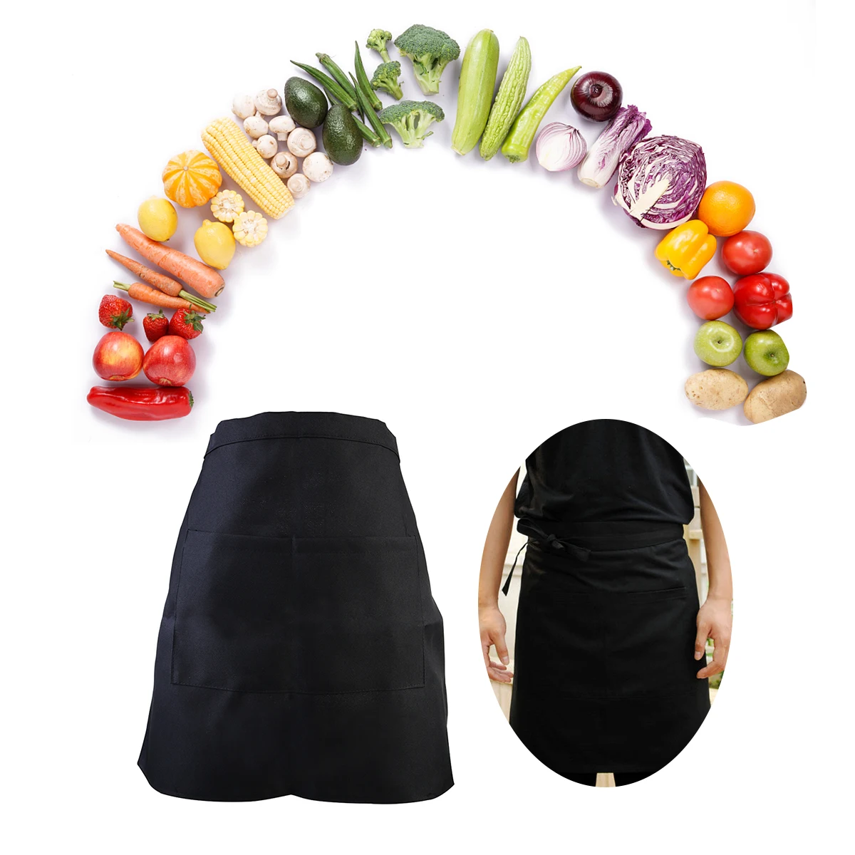 

Short Waist Apron Unisex Black Short Apron with Pocket for Men Women Waitress Work Aprons Easy Wash Ideal Catering Schools