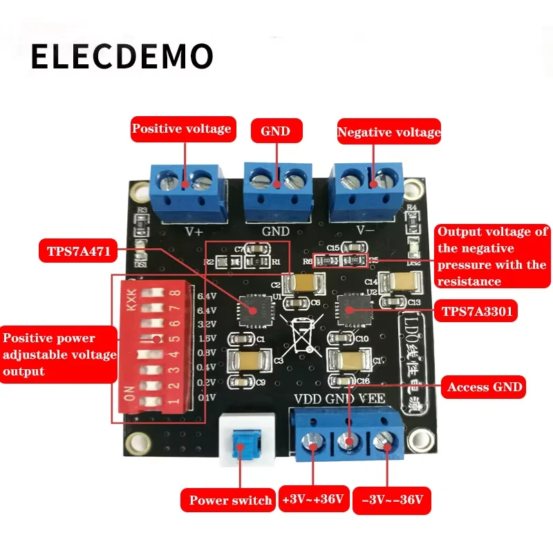 TPS7A4701 & TPS7A3301 Ultra-Low Ripple LDO Linear Regulator Module, Dual Rail +/- Output, Microvolt-Level Noise, High PSRR