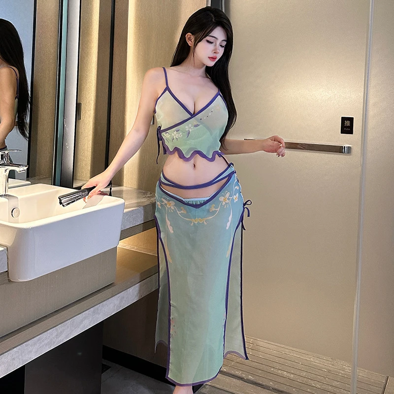 Chinese Sexy Lingerie Clothes Women Cosplay Costumes See Through Retro Style Hanfu Skirt Temptation Roleplay Dancer Set 3colors view 4
