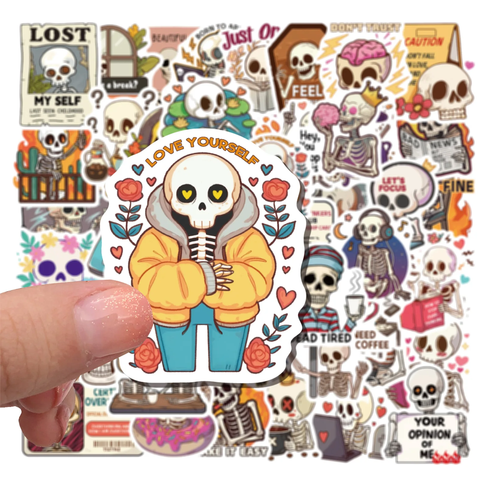 50 Pcs Funny Cartoon Skeleton Waterproof Stickers For Luggage Skateboard Phone Wall Car Diy